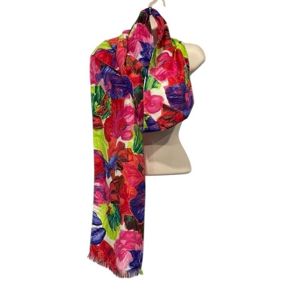 Vintage Express Pure Silk Floral Scarf Wrap Fringe Colorful Lightweight - Picture 1 of 6